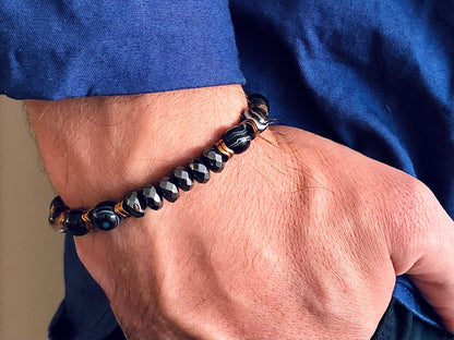 THE LOGAN - Black Eye Agate with Facet-Cut Hematite Men’s Bracelet