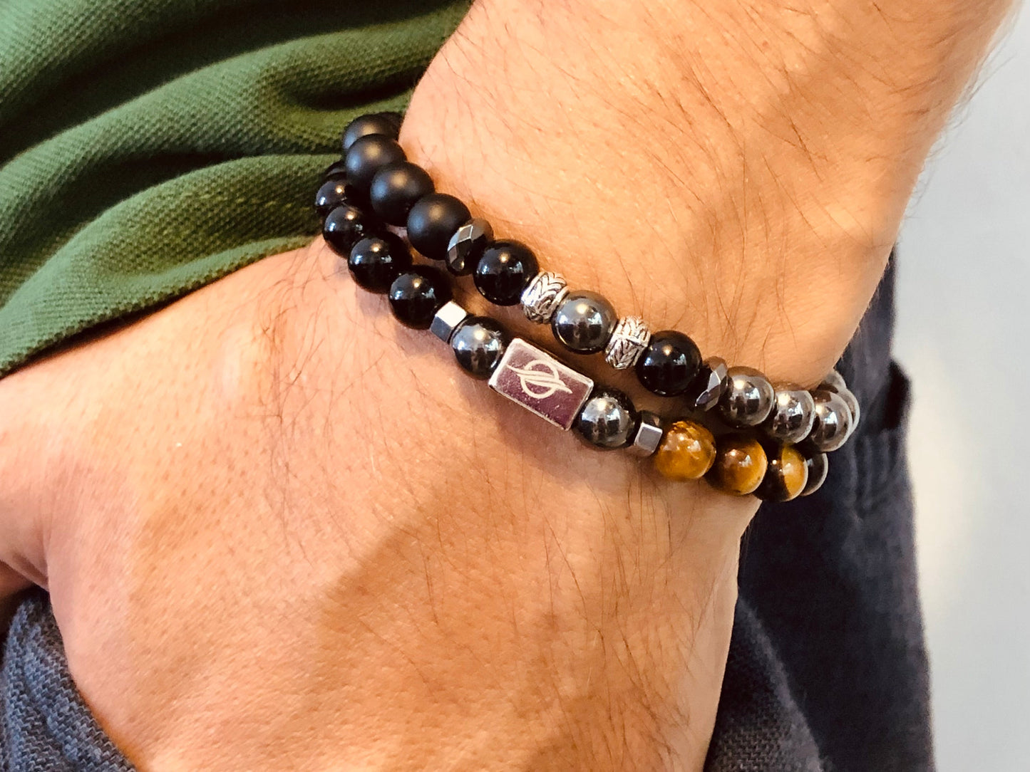 The ULYSSES - Hematite, Tiger Eye and Black/Matt Onyx Dual Set Men’s Bracelet