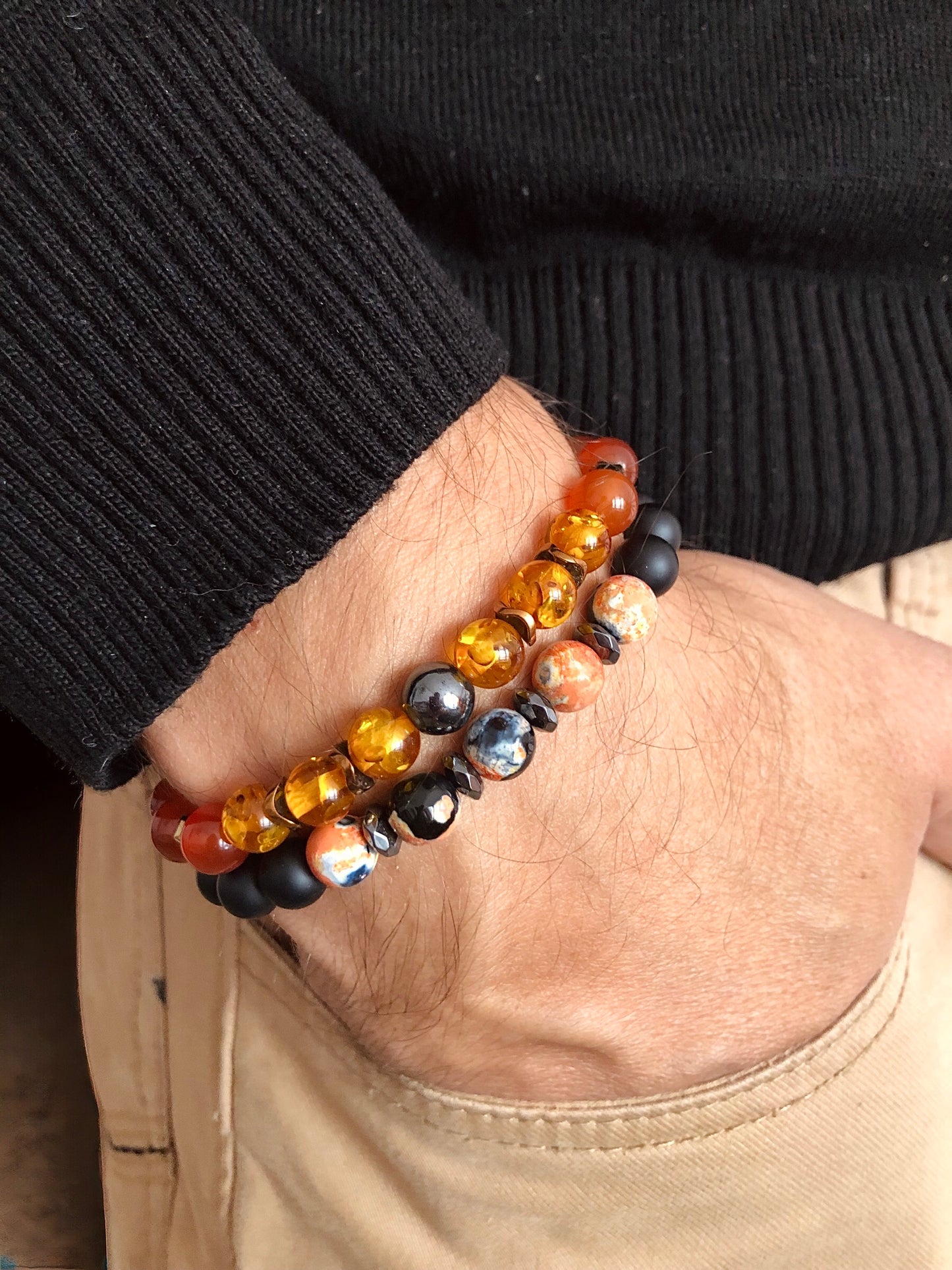 The SAHARA - Carnelian, Amber and Agate Stone 2’li Men’s Bracelet Set