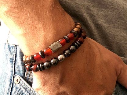 The Lion - Red Tiger Eye and Red Agate 2’li Set Men’s Bracalet