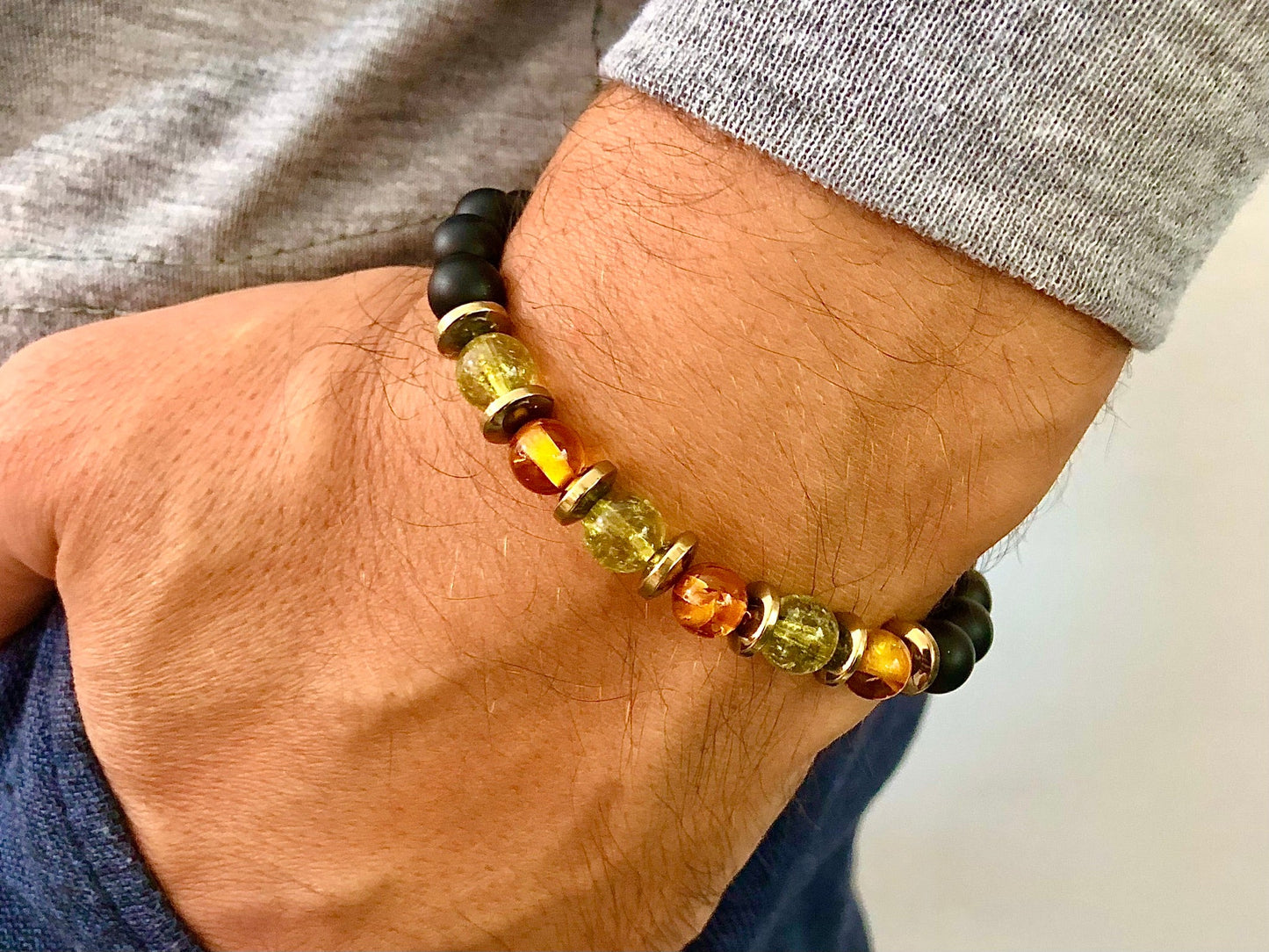 The Emperor - Matt Black Onyx, Amber, and Peridot Men’s bracelet