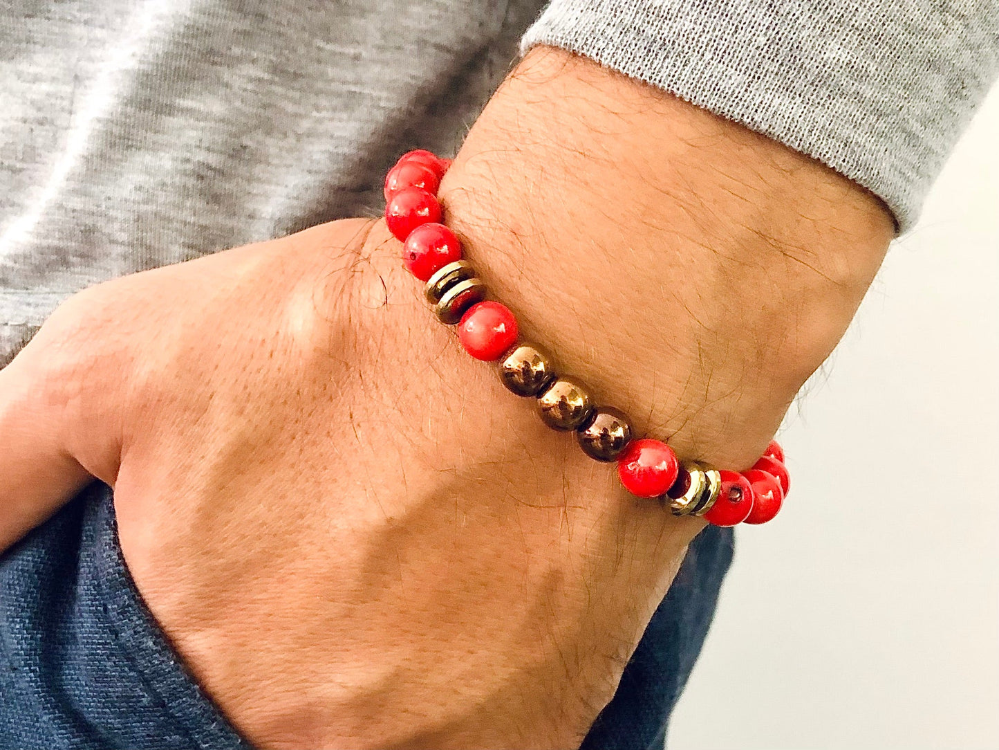 The Red - Coral and Hematite Men’s Bracelet