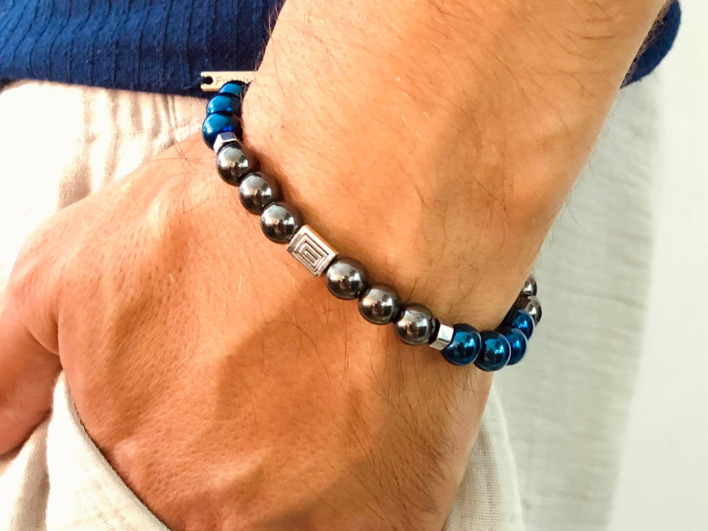 The Knight - Black and Blue Pure Hematite Men’s Bracelet