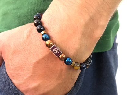 The BOSS - Blue Tiger Eye and Brown Tiger Eye Men’s Bracelet