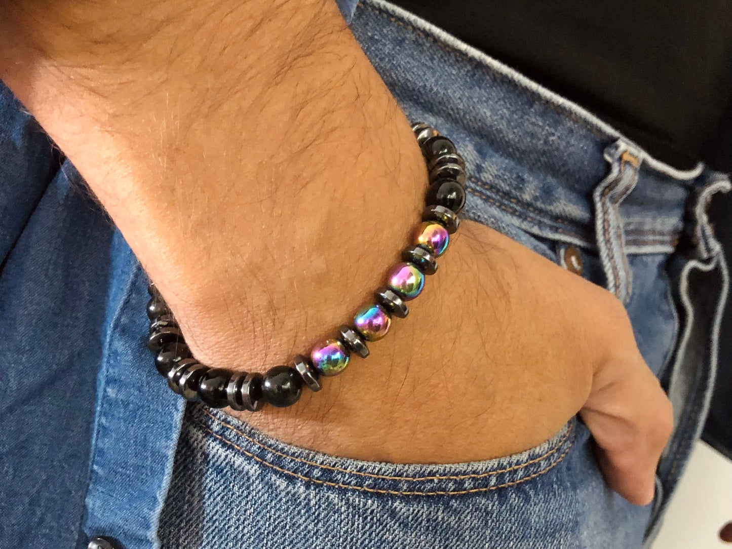 THE WOLF - Obsidian with Monochrome Hematite Men’s Bracelet