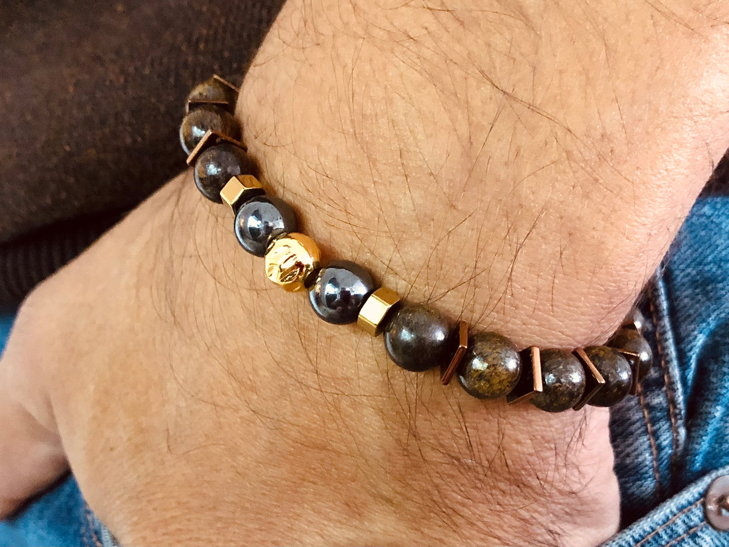 THE TITAN - Bronzite with Gold Stainless Steel Bead Men’s Bracelet