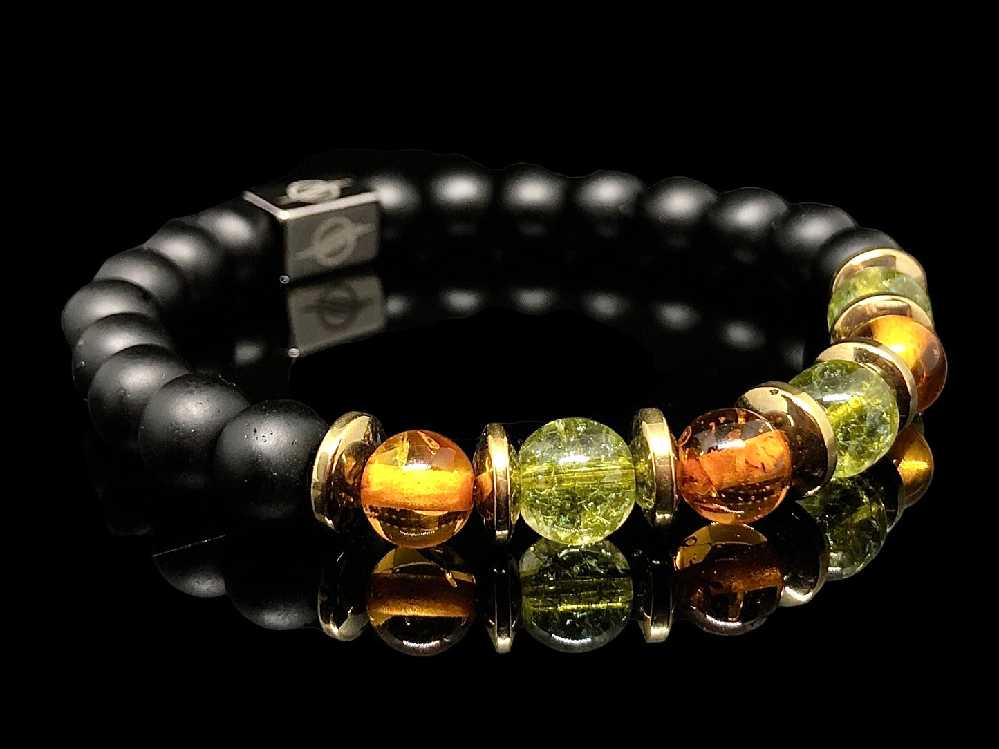 The Emperor - Matt Black Onyx, Amber, and Peridot Men’s bracelet