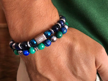 The AEGEON - Azurite, Malachite, Blue Tiger Eye and Hematite Dual Set Men’s Bracelet