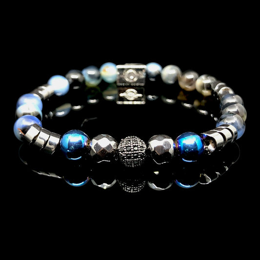 The General - Mavi Akik, Siyah Hematit ve Gümüş Zircon Premium Bileklik