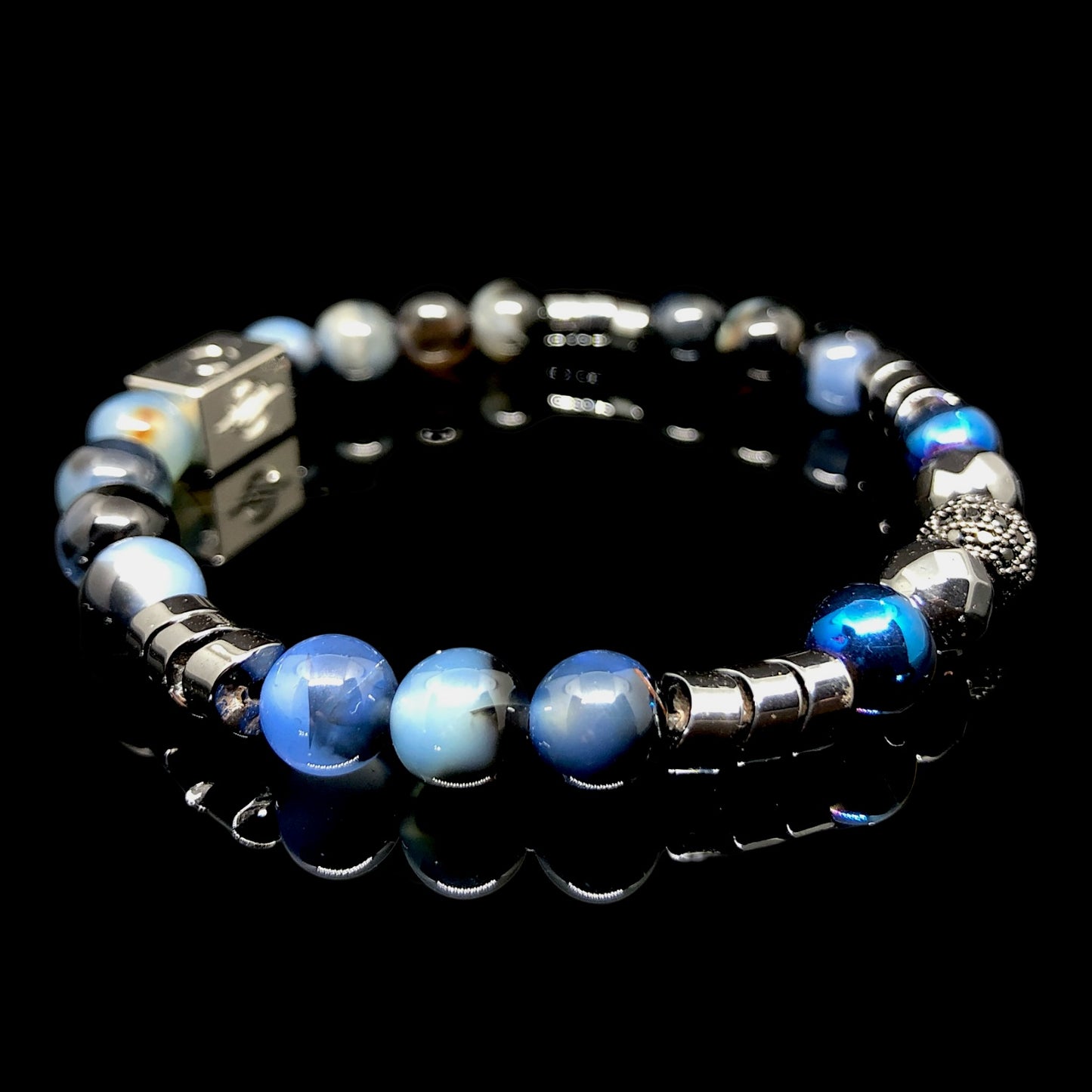 The General - Mavi Akik, Siyah Hematit ve Gümüş Zircon Premium Bileklik