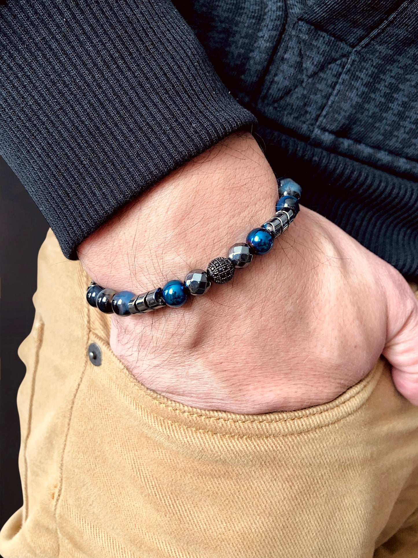 The General - Mavi Akik, Siyah Hematit ve Gümüş Zircon Premium Bileklik