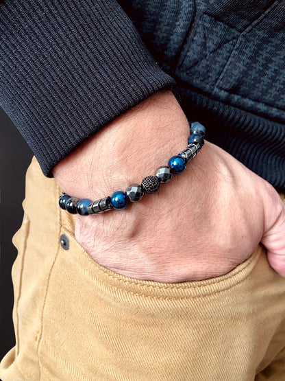 The General - Mavi Akik, Siyah Hematit ve Gümüş Zircon Premium Bileklik